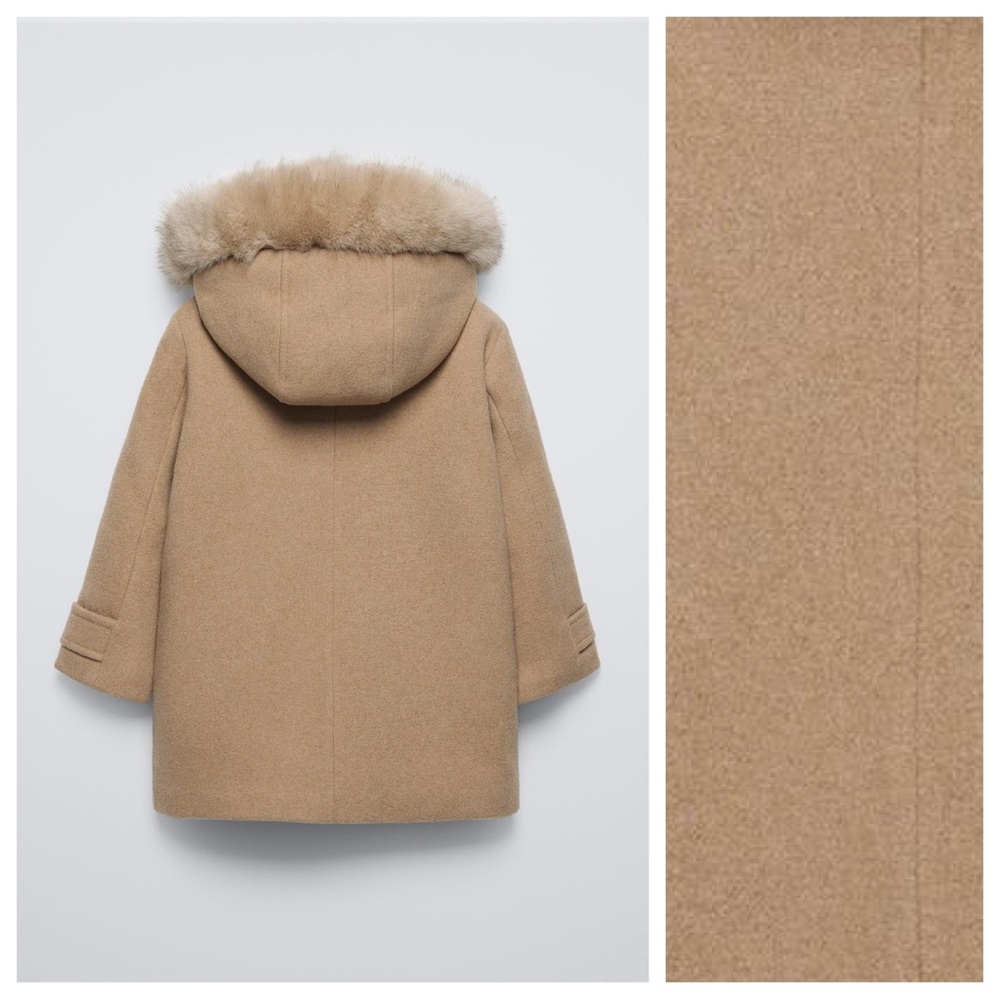 Zara Kids Light Brown Wool Blend Hooded Coat with Faux Fur Trim. Size 13-14. - Picture 3 of 12
